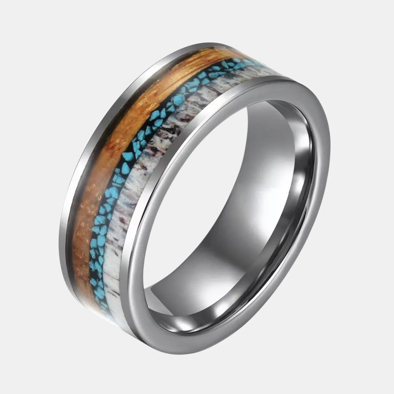 8mm Antler and Center Crushed Turquoise Inlay Flat Tungsten Ring