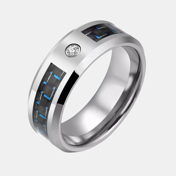 Silver Color Tungsten Ring With Blue Carbon Fiber CZ Stone Inlay Ring