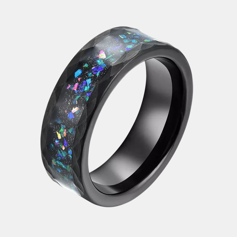 Opal Inlay Black Hammered Tungsten Wedding Ring Finger Rings