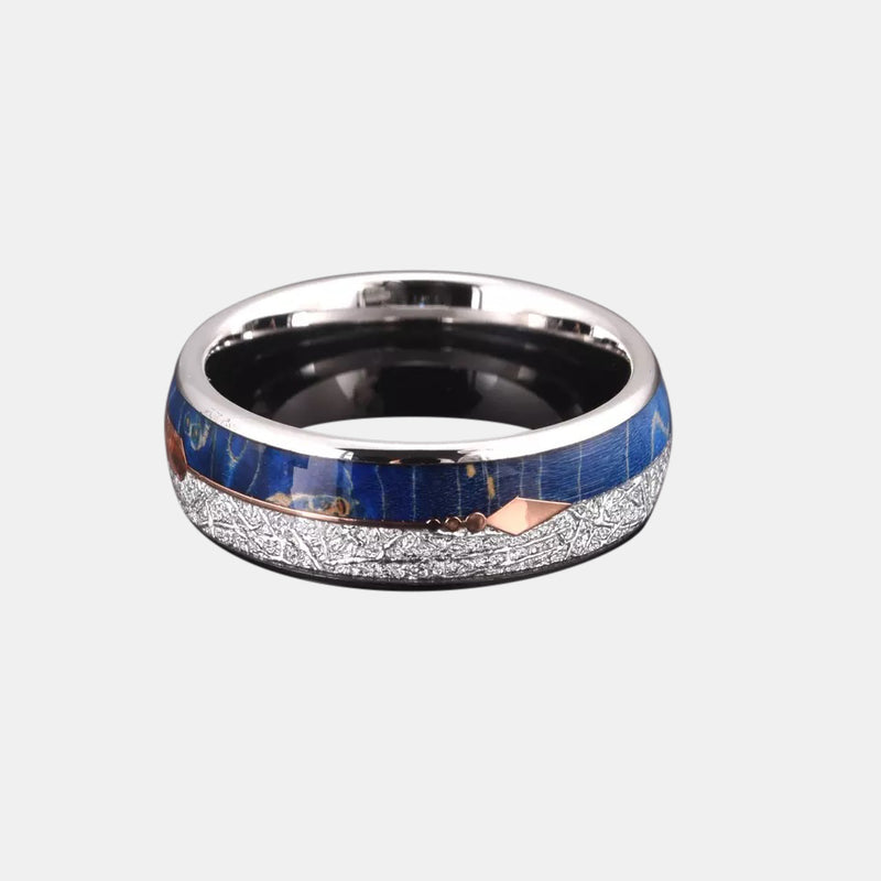 Blue Solidified Wood And Artificial Meteorite Inlay Tungsten Ring Jewelry