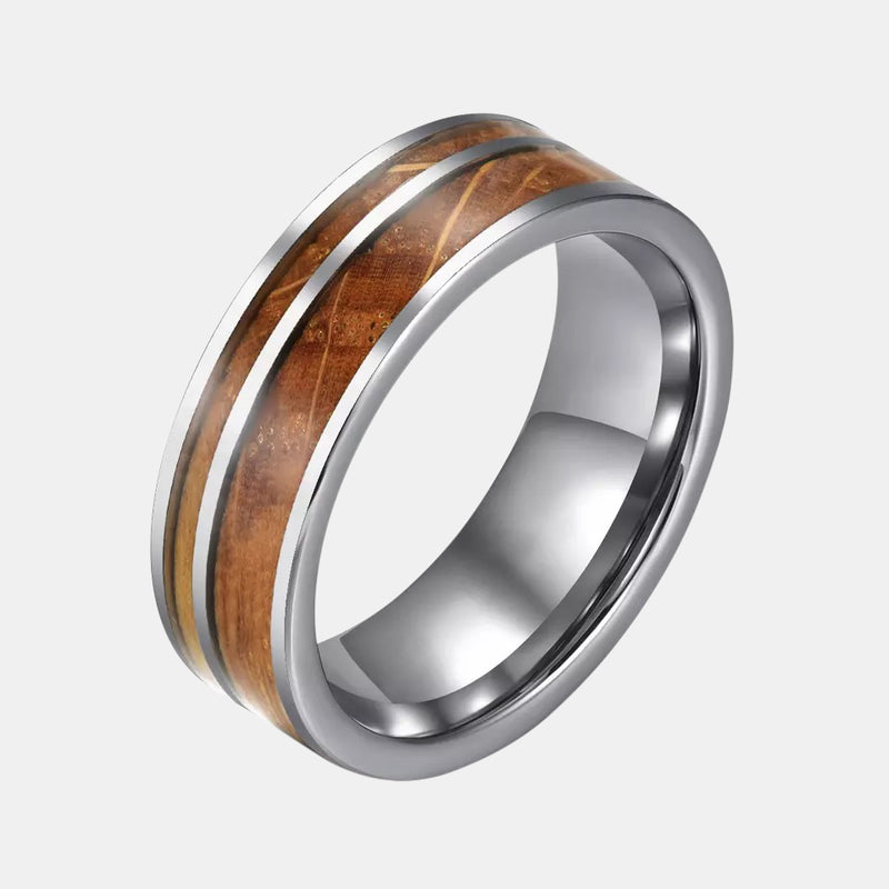 Flat Tungsten Ring With Double Whiskey Wood Inlay Ring