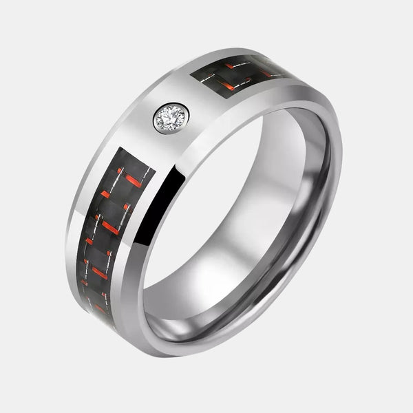 Silver Red Carbon Fiber And CZ Stone Inlay Men's Ring