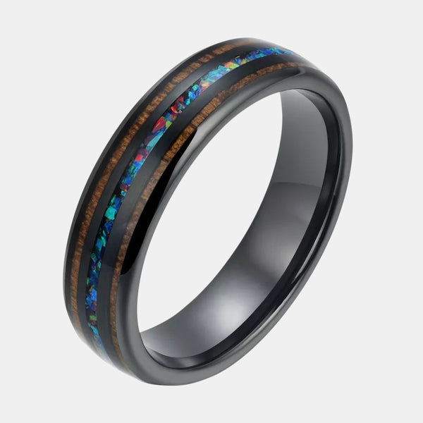 6mm Wood And Mixed Opal Inlay Tungsten Wedding Ring
