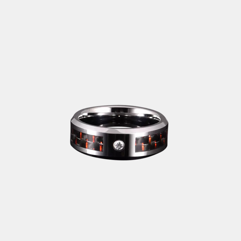 Silver Red Carbon Fiber And CZ Stone Inlay Men's Ring