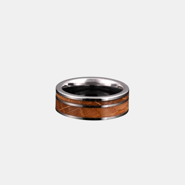 Flat Tungsten Ring With Double Whiskey Wood Inlay Ring