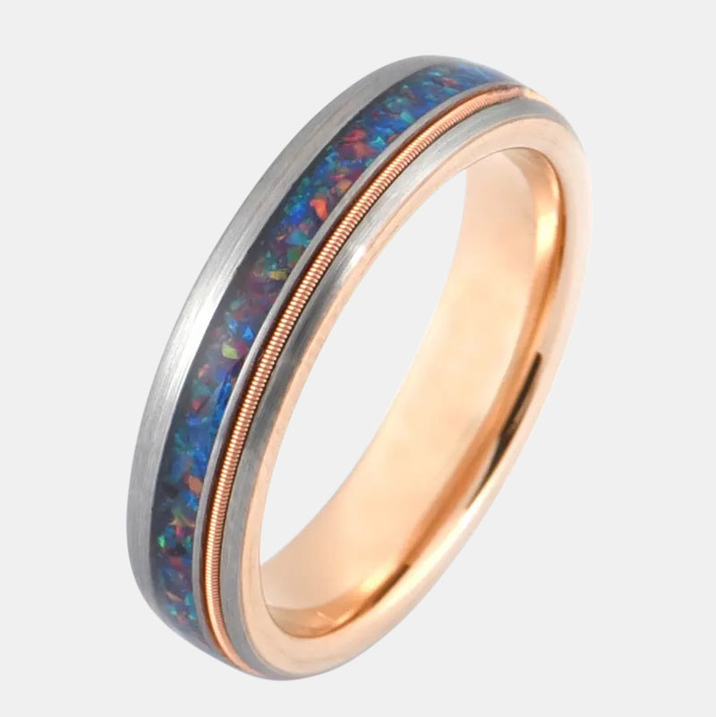 6mm Domed Crushed Mixed Opal And Guitar String Inlay Tungsten Rose Gold Ring
