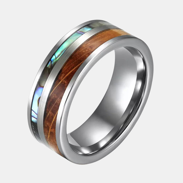 Silver Color Tungsten Ring With Abalone Shell And Whiskey Wood Inlay In Stock Ring