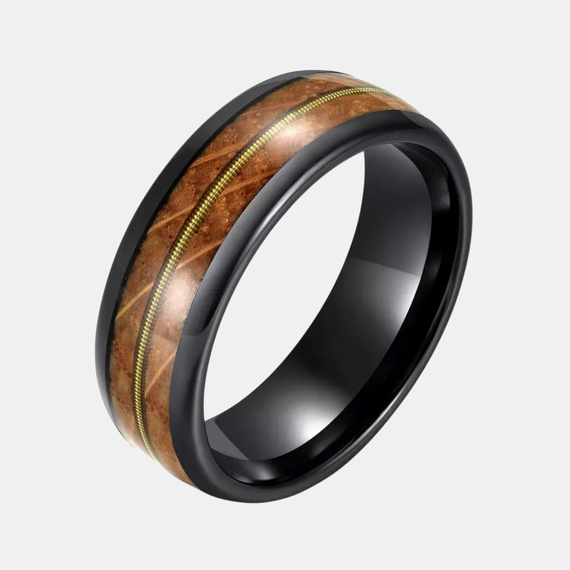Double Whiskey Wood and Center Guitar String Inlay Ceramic Ring