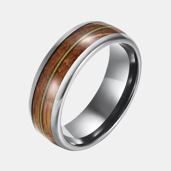 Domed Tungsten Ring With Gold Guitar String Inlay Whiskey Barrel Wood Ring