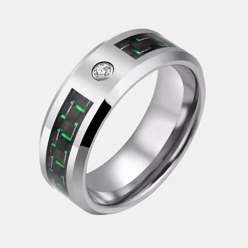 Green Carbon Fiber CZ Inlay Tungsten Rings