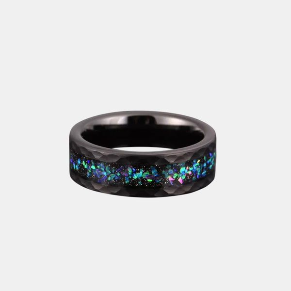 Opal Inlay Black Hammered Tungsten Wedding Ring Finger Rings